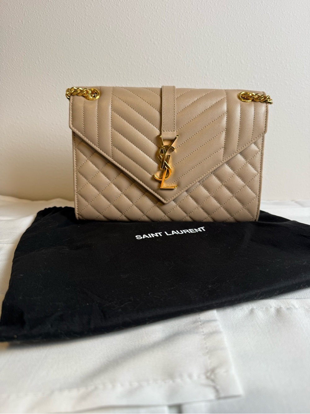 Saint Laurent Taupe Quilted Leather Shoulder Bag with Gold Hardware